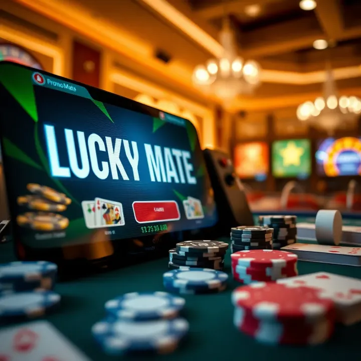 Lucky Mate Casino Promo Code and Bonus Offer Lucky Mate Casino promotional code displayed on a digital screen with casino chips and cards