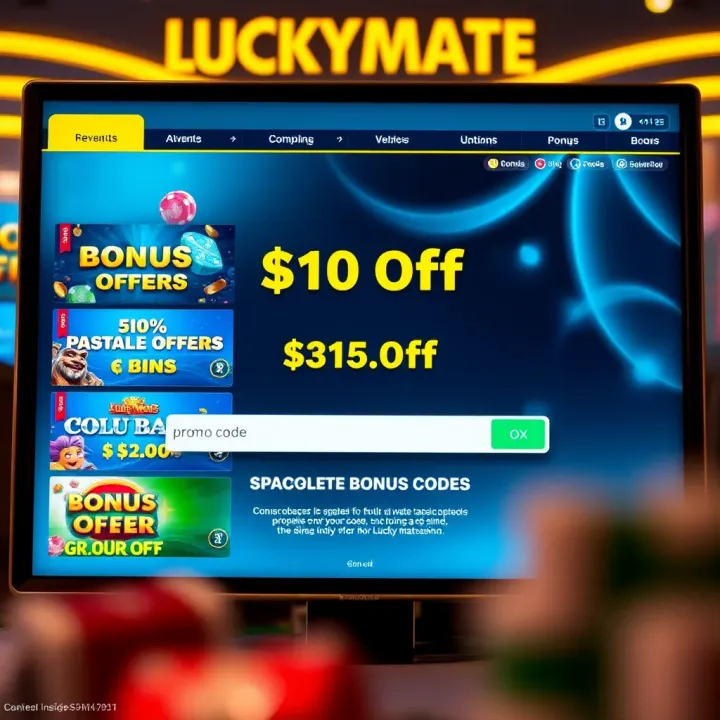 A vibrant casino interface displaying various bonus offer options and a promo code input field