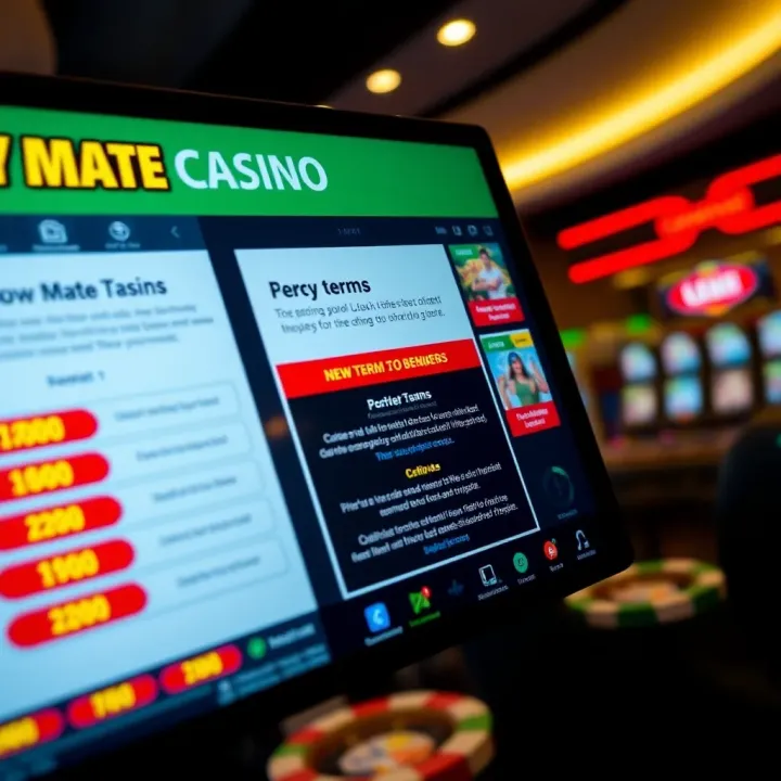 Graphic showing key terms and benefits of Lucky Mate Casino promo code on a digital interface