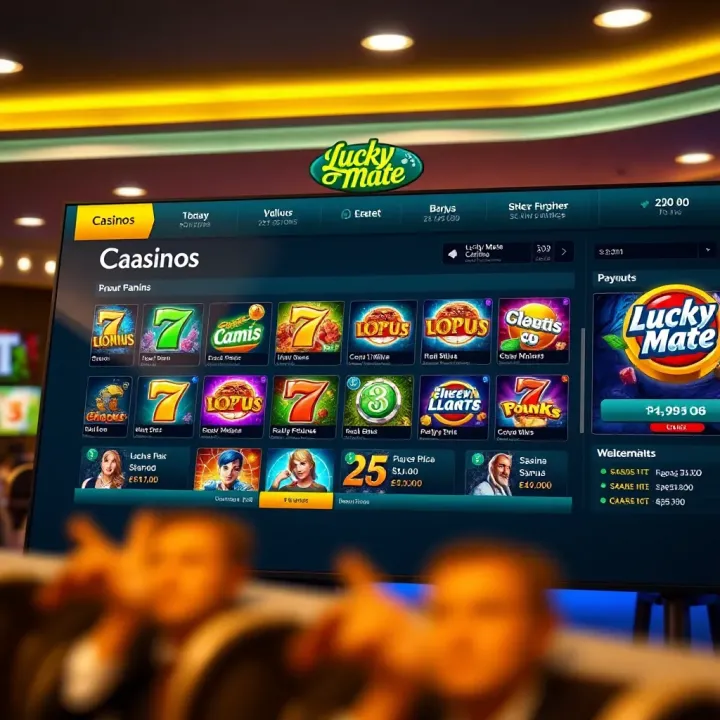 A digital casino platform interface with slot games and payout information
