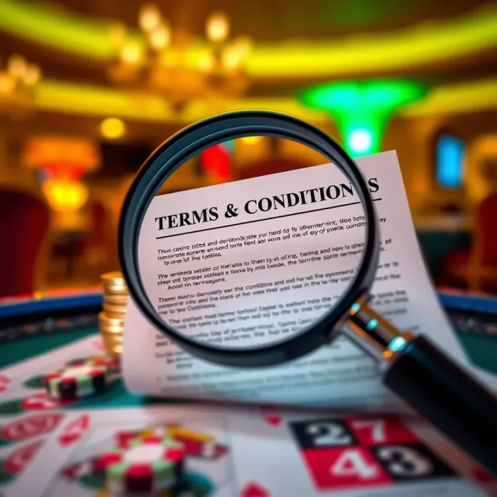Illustration of a magnifying glass highlighting casino terms and conditions document