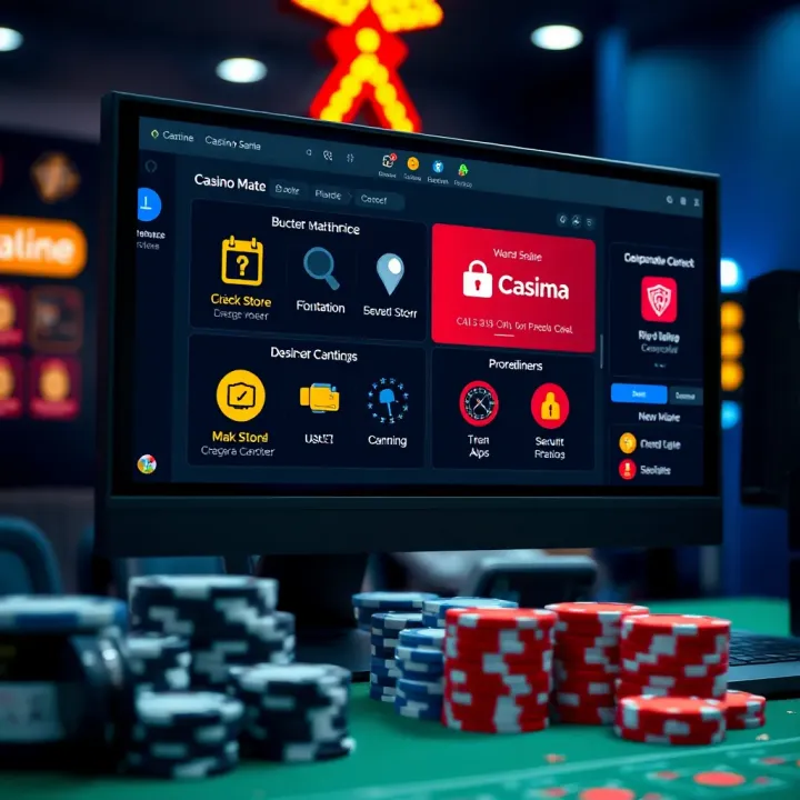 Computer screen displaying Casino Mate platform with various maintenance tools and security icons