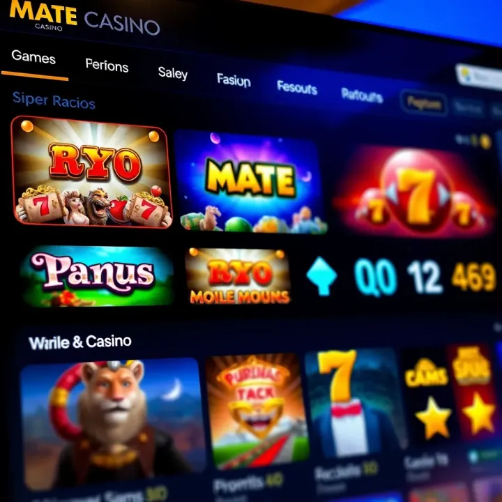 Interface displaying Mate Casino game selection with vibrant slot and table game icons