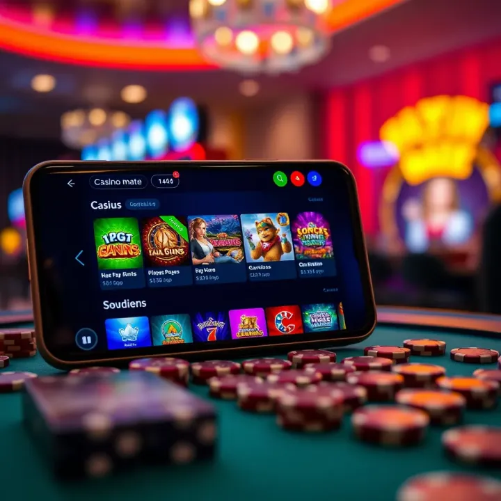 Mobile Casino Mate Online Interface for Australian Players Mobile device displaying a vibrant online casino interface with various game options