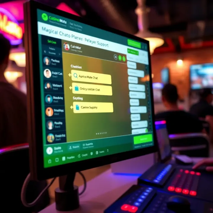 Illustration of a computer screen displaying Casino Mate chat interface for player support