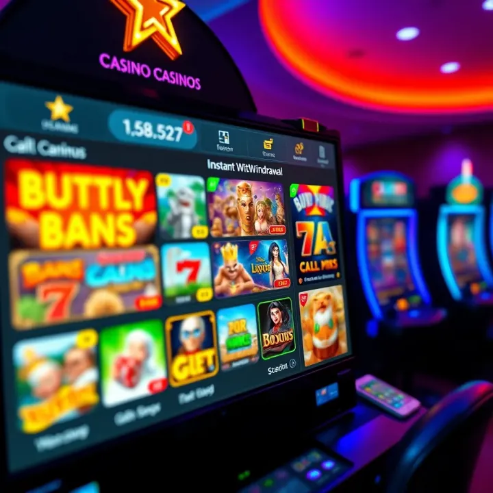 Bright casino interface showing various game options and instant withdrawal feature