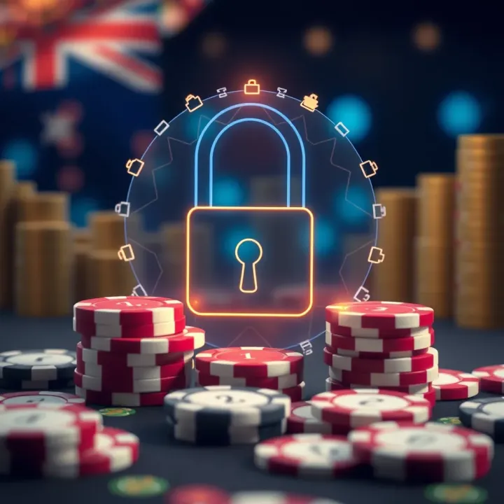 Secure digital padlock symbol with casino chips and currency icons representing robust online security and reliable customer support