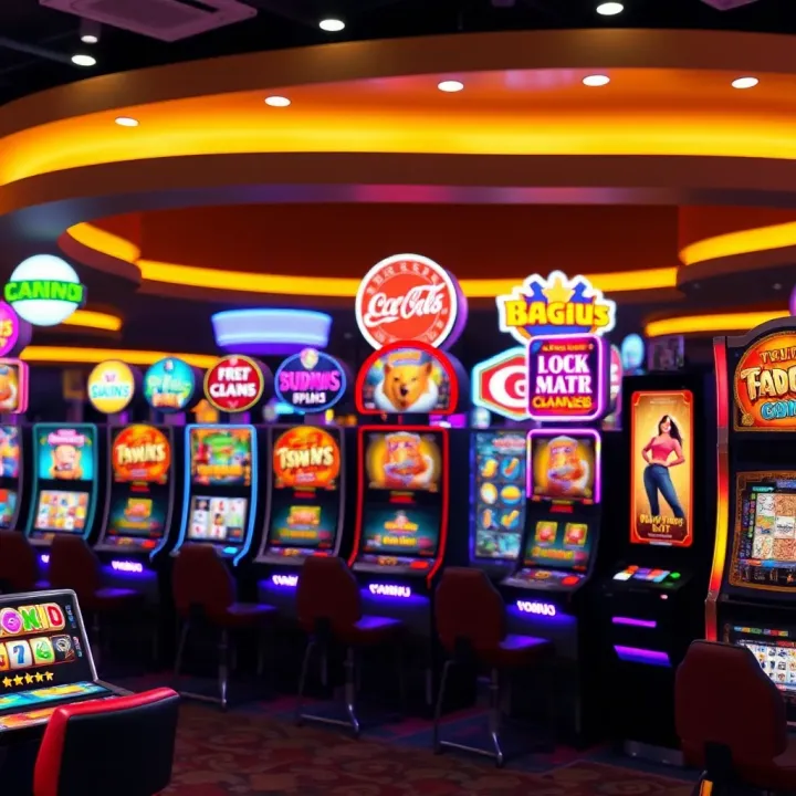 Colorful array of online casino slot games with various themes and symbols