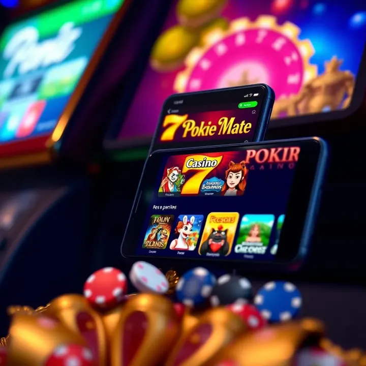 Mobile device displaying Pokie Mate Casino homepage with game selection options