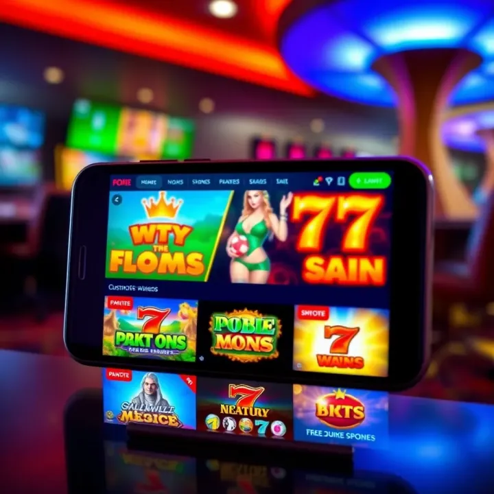 Pokie Mate Mobile Casino Game Variety Showcase Mobile phone displaying a vibrant online casino interface with various slot games