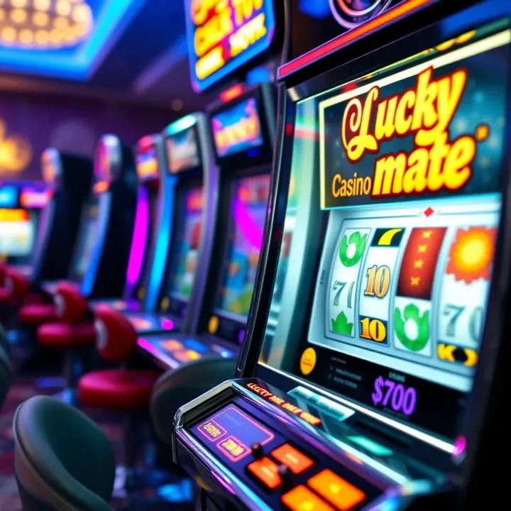Bright slot machine with vibrant lights and Lucky Mate Casino logo