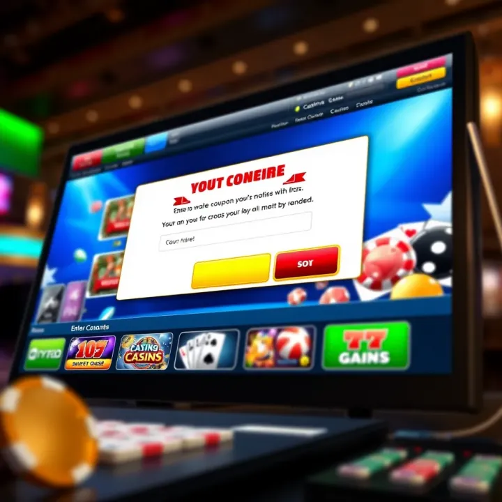 Illustration of a digital casino interface highlighting how to enter and redeem coupon codes