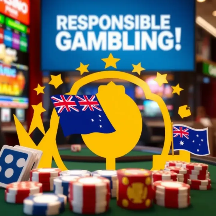 Graphic depicting responsible gambling concepts with Australian flag elements and icons symbolizing safe betting practices