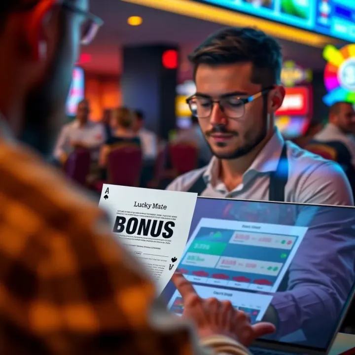 Illustration of a player reviewing bonus terms and conditions on a digital device