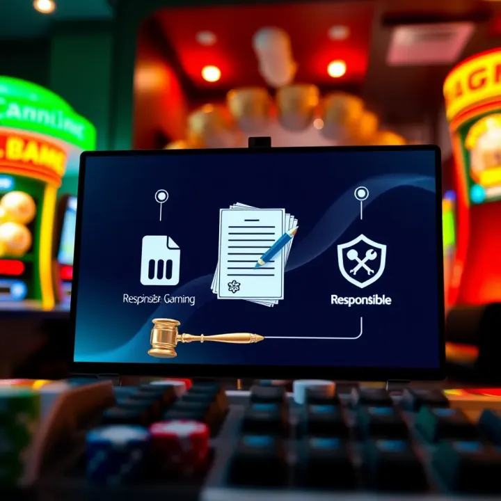 Illustration of a secure online gambling environment with symbols of legal documents and responsible gaming icons
