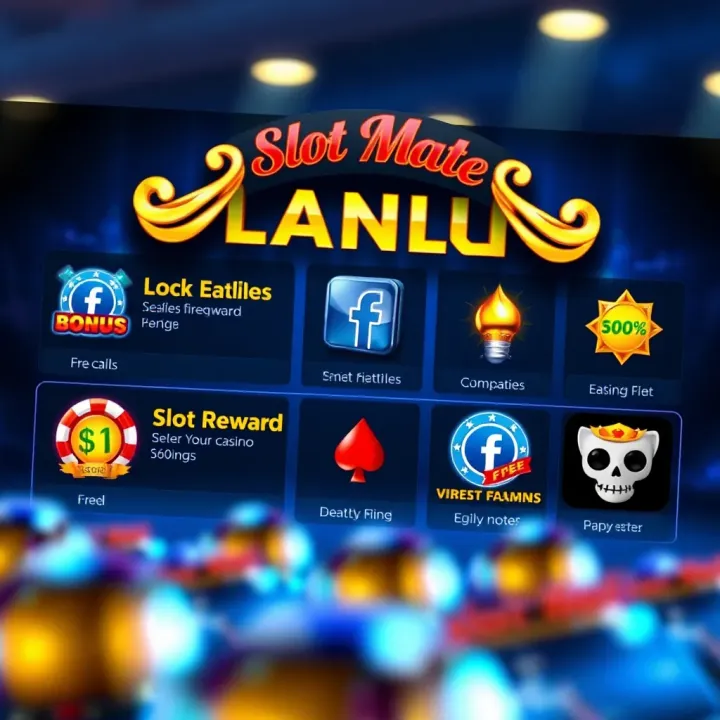 Visual displaying social features and bonus rewards available in Slot Mate casino game on Facebook