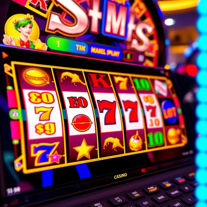 Colorful slot machine reels with jackpot symbols and winning combinations on a digital casino interface