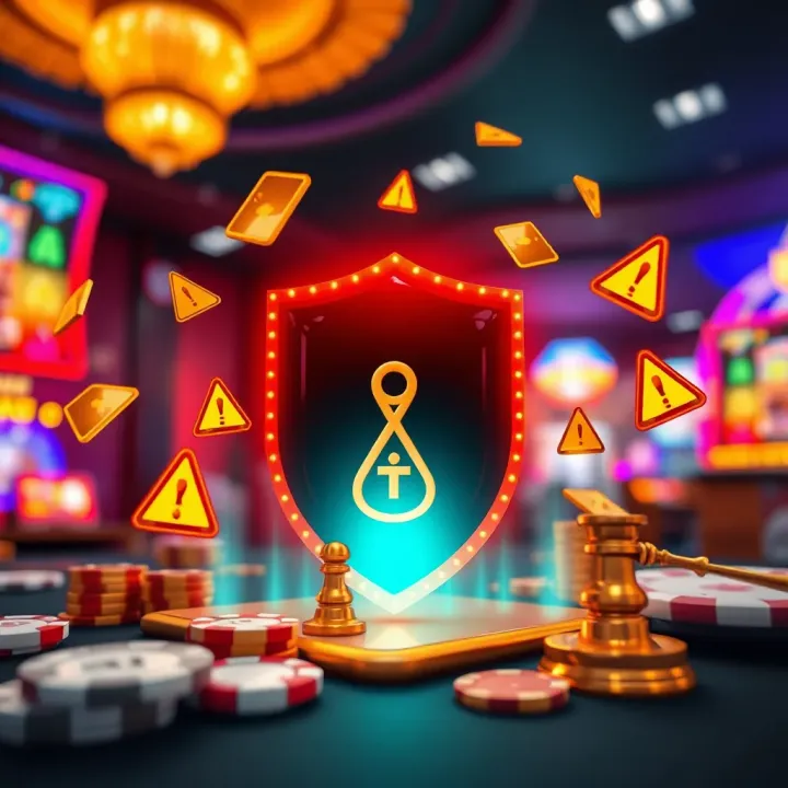 Visual representation of cybersecurity and legal caution with shield and warning icons around casino elements
