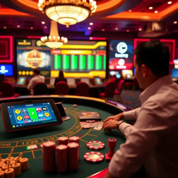 Live casino table setup with dealer and digital interface for player interaction