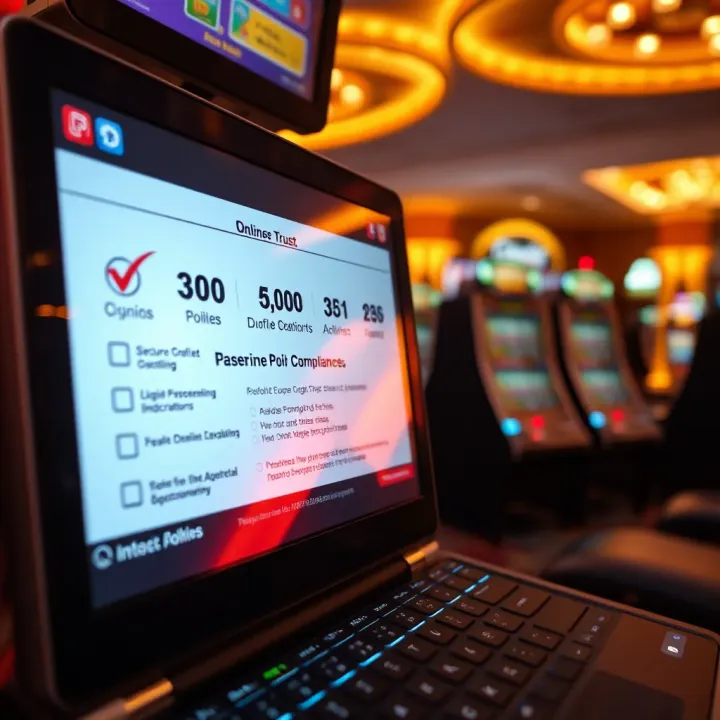 Safe and secure online gambling environment with a checklist and legal documents on a digital screen
