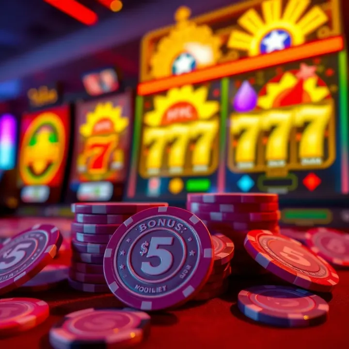 Bright casino chips and glowing jackpot icons representing bonus offers and real money gameplay at Australian $5 deposit casinos