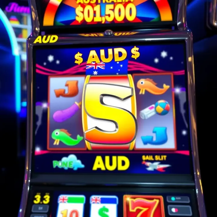 Colorful online slot machine interface showing AUD currency symbols and various themed icons