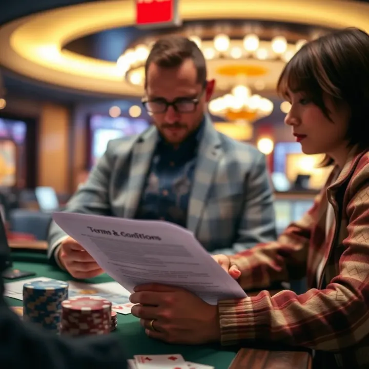 Illustration showing a player reviewing terms and conditions to avoid online casino disputes