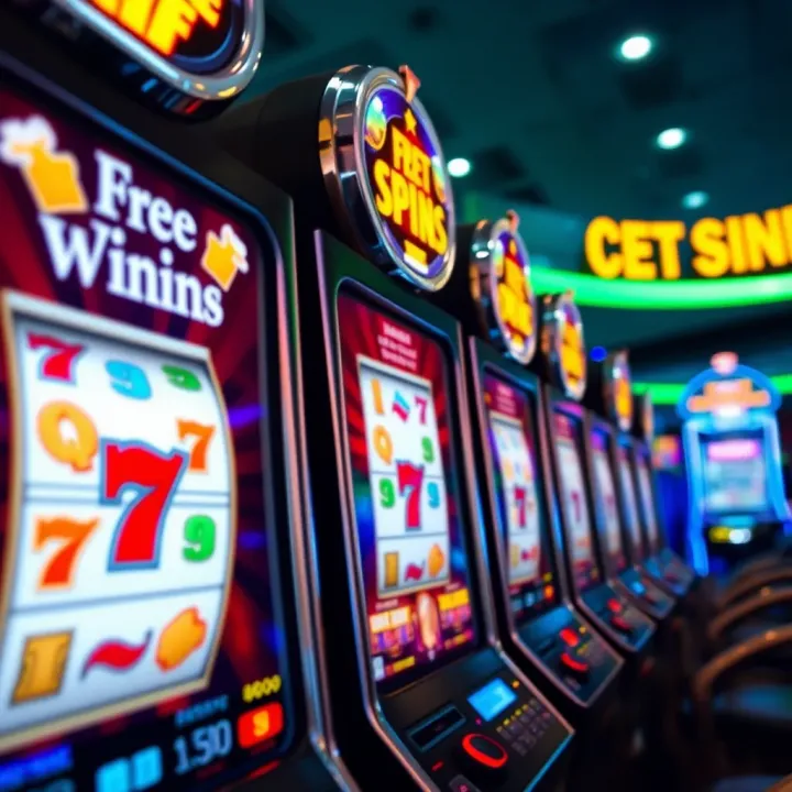 Slot machine reels displaying winning combinations with vibrant casino lights in the background