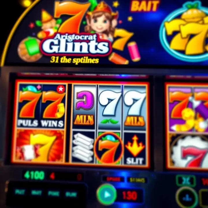 Colorful slot machine symbols representing popular Aristocrat pokies games on a digital screen