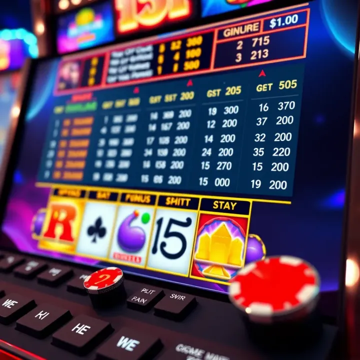 User interface of a casino slot showing betting options, paytable, and game controls on screen