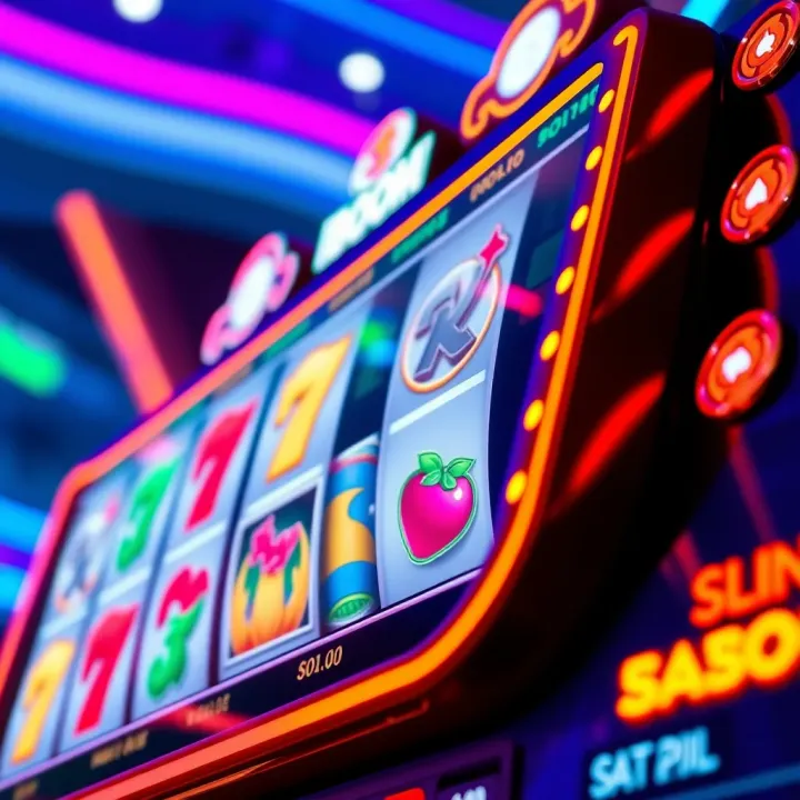 Colorful iBoom slot game interface showing reels with various symbols and vibrant background
