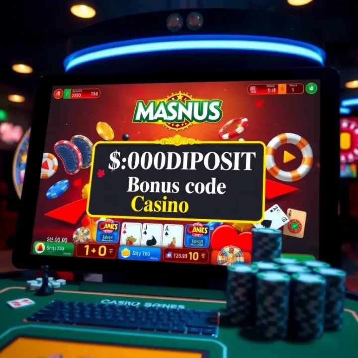 Illustration showing a digital casino interface with highlighted no deposit bonus code section