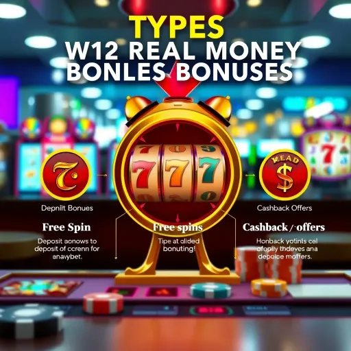 Graphic illustrating different types of real money bonuses such as free spins, deposit bonuses, and cashback offers