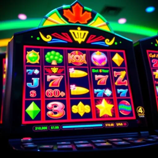 Colorful online slot machine reels with various symbols and glowing lights