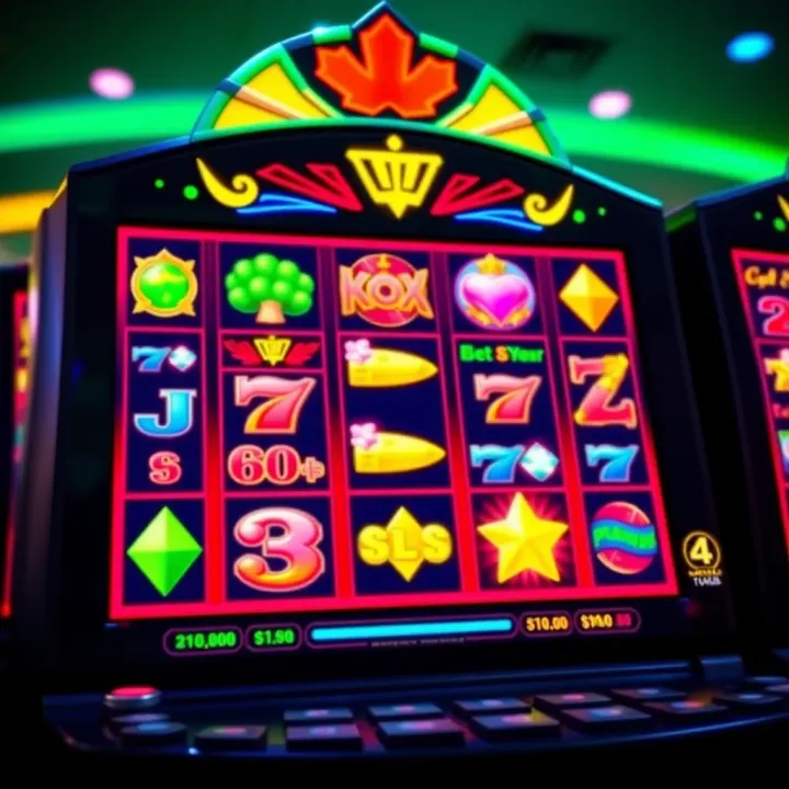 Colorful online slot machine reels with various symbols and glowing lights