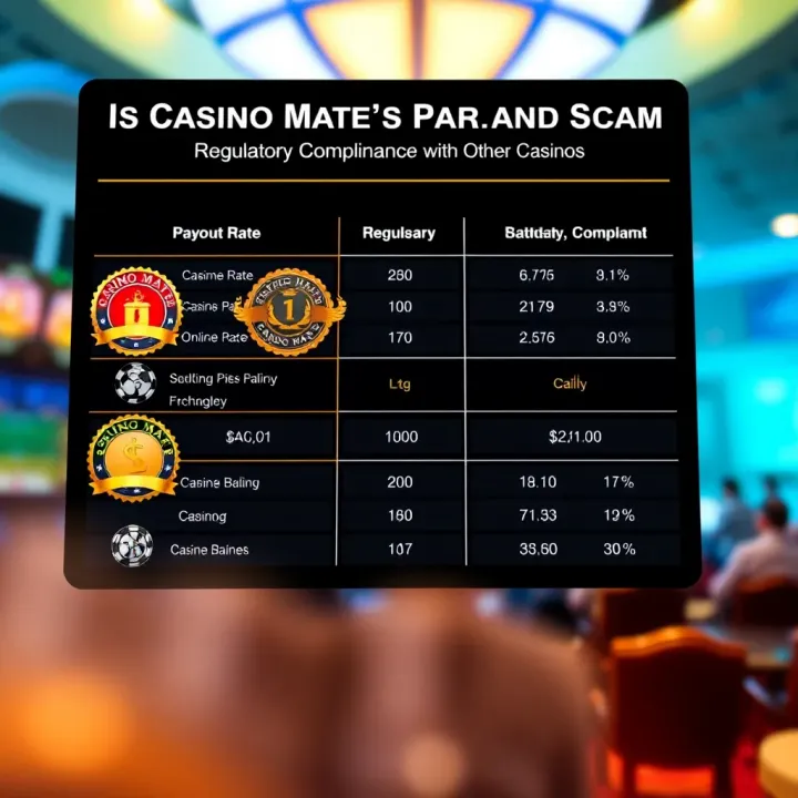 Comparison of Casino Mate’s Payouts and Regulatory Compliance with Other Casinos Comparison chart displaying payout rates and regulatory badges of various online casinos