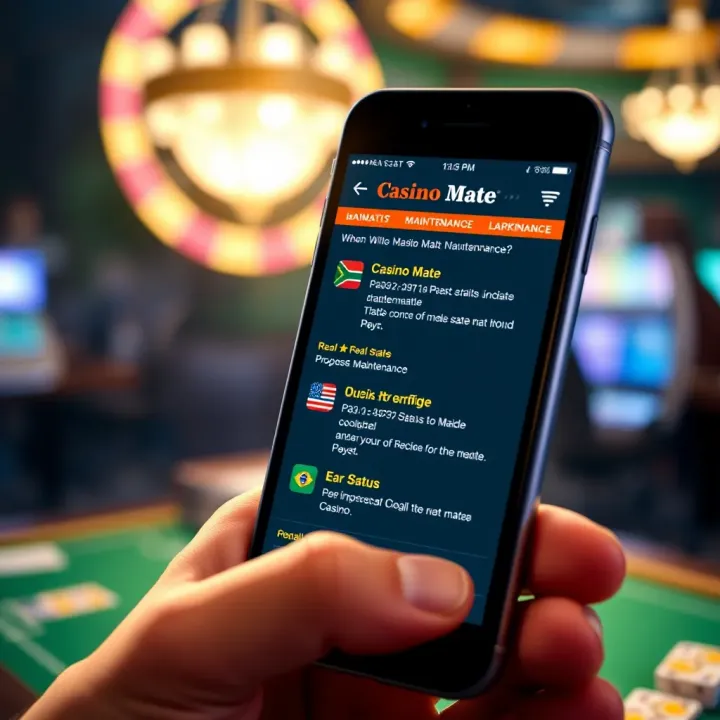 Mobile phone showing Casino Mate app with status updates during maintenance