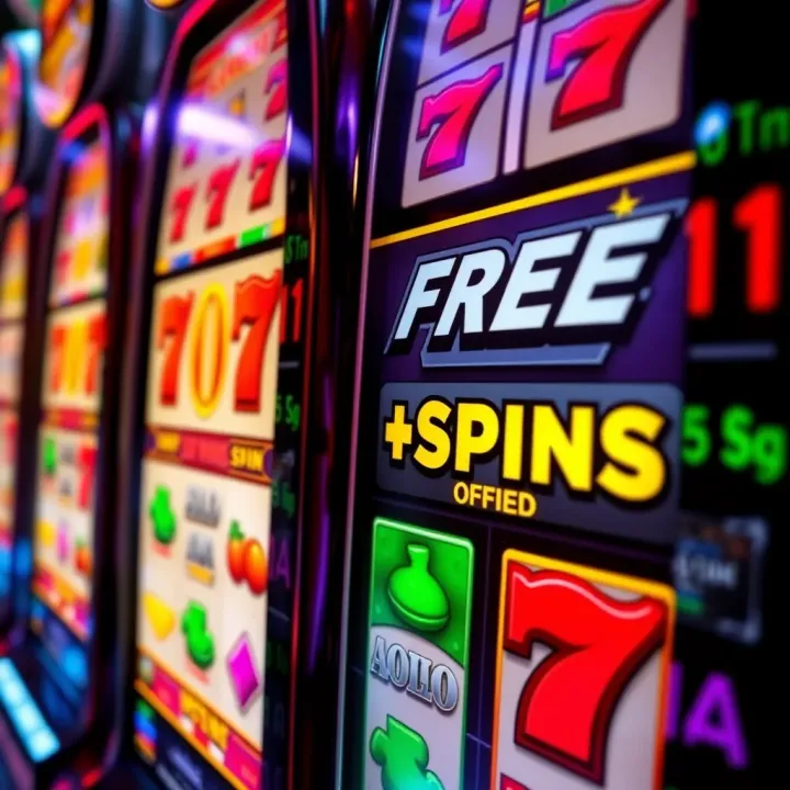 Colorful slot machine reels showing winning combinations and free spins icon
