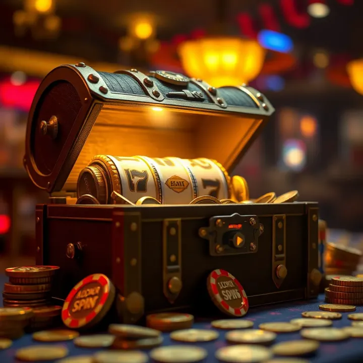 Illustration of a glowing treasure chest filled with casino tokens and spinning reels highlighting hidden bonus spins